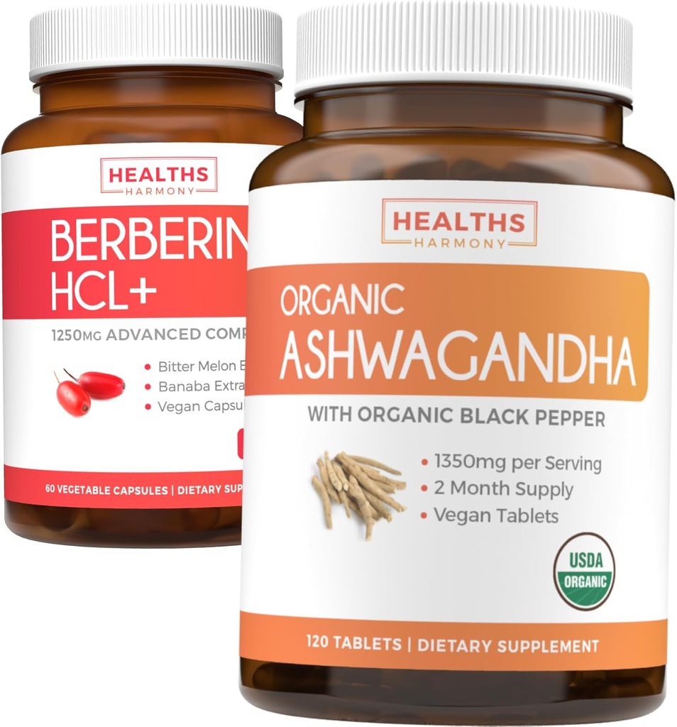 Lagre 4 (11% Off) - Kjøp organisk Ashwagandha & Berberine HCL+ - Naturens Synergy Duo - Berberine (60 kapsler) - Økologisk Ashwagandha Root Powder 1350mg Server (120 tabletter) Naturlig Adrenal Hjelp