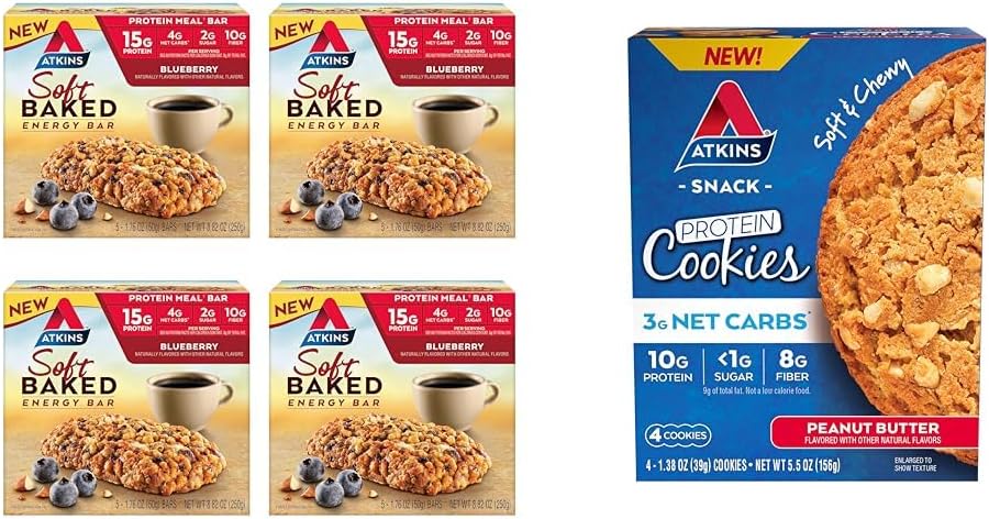 Atkins Myk Baket Energi Barer, Blåbær, 15g Protein, 2g Sukker, Utmerket kilde & Peanut Smør Protein cookies, Protein Dessert, Rik på Fiber, 3g Net Carb, 1g Sukker