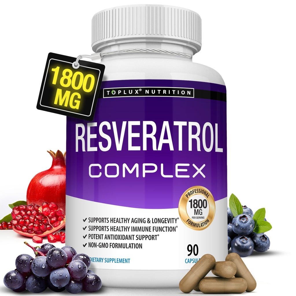 Resveratrol Supplement 1800 mg Antioksidant kompleks - høy potent naturlig trans-Resveratrol piller for sunn aldring, generell helse støtte, immunsystem, hjernefunksjon, for menn, 90 kapsler
