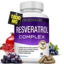 Resveratrol Supplement 1800 mg Antioksidant kompleks - høy potent naturlig trans-Resveratrol piller for sunn aldring, generell helse støtte, immunsystem, hjernefunksjon, for menn, 90 kapsler