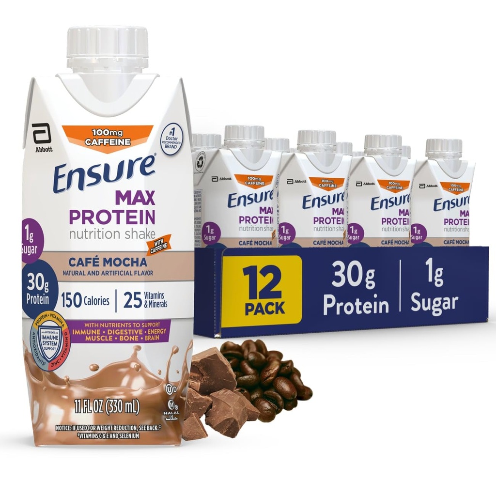 Sikre Max Protein Cafe Mocha Nutrition Shake ® 30g Protein, 1g Sukker, 4g Fiber blanding ® 12 Pack