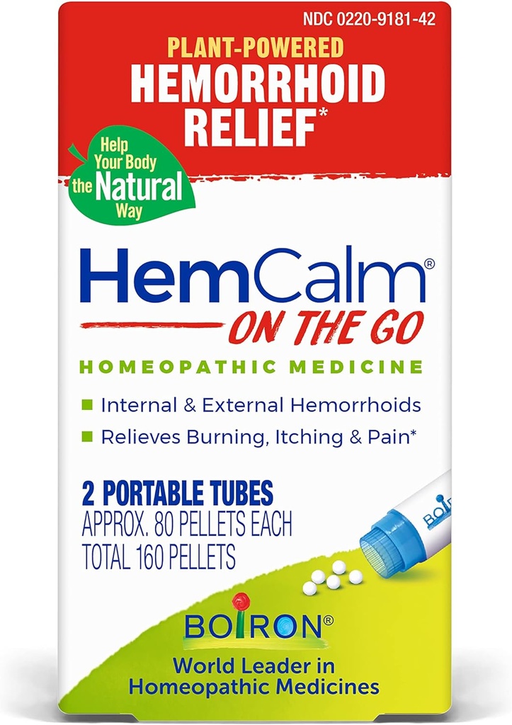 Boiron HemCalm på farten reiser essensielt for hemorroid lindring av smerte, kløe, heving eller discomfort - 2 greve (160 pellets)