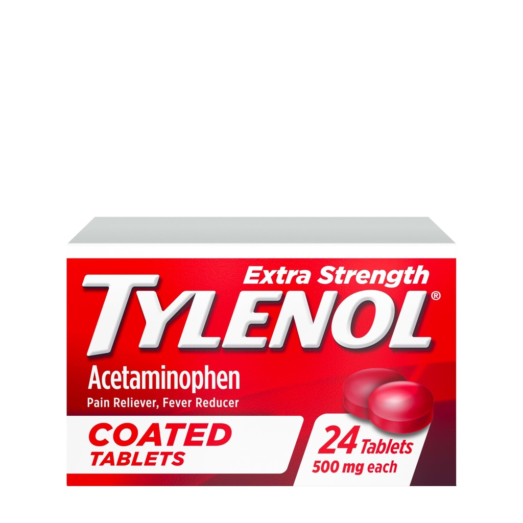 Tylenol Extra styrke smertestillende og feber reduserer, runde belagte tabletter, 500 mg acetaminophen smerte lindring piller for hodepine, tannsmerter og mindre ledgikt smerte, 24 ct