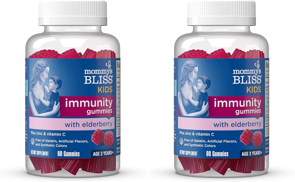 Mammas Bliss Kids Elderberry Gummies, støtter immunitet med svart eldrebær, sink og vitamin C, glutenfri og vegansk, alder 2 år + (60 greve) (Pack of 2)