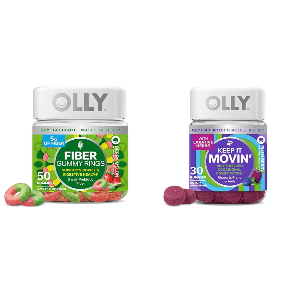 OLLY Fiber Gummy Ringer, 5g Prebiotiske Fiber, FOS (Frukto-oligosakkarider), Digestiv støtte, Berry Melon 50ct og holde det bevegelig healing Relief, Rhubarb, Prunes, Amla - Plum Berry Flavor - 30ct