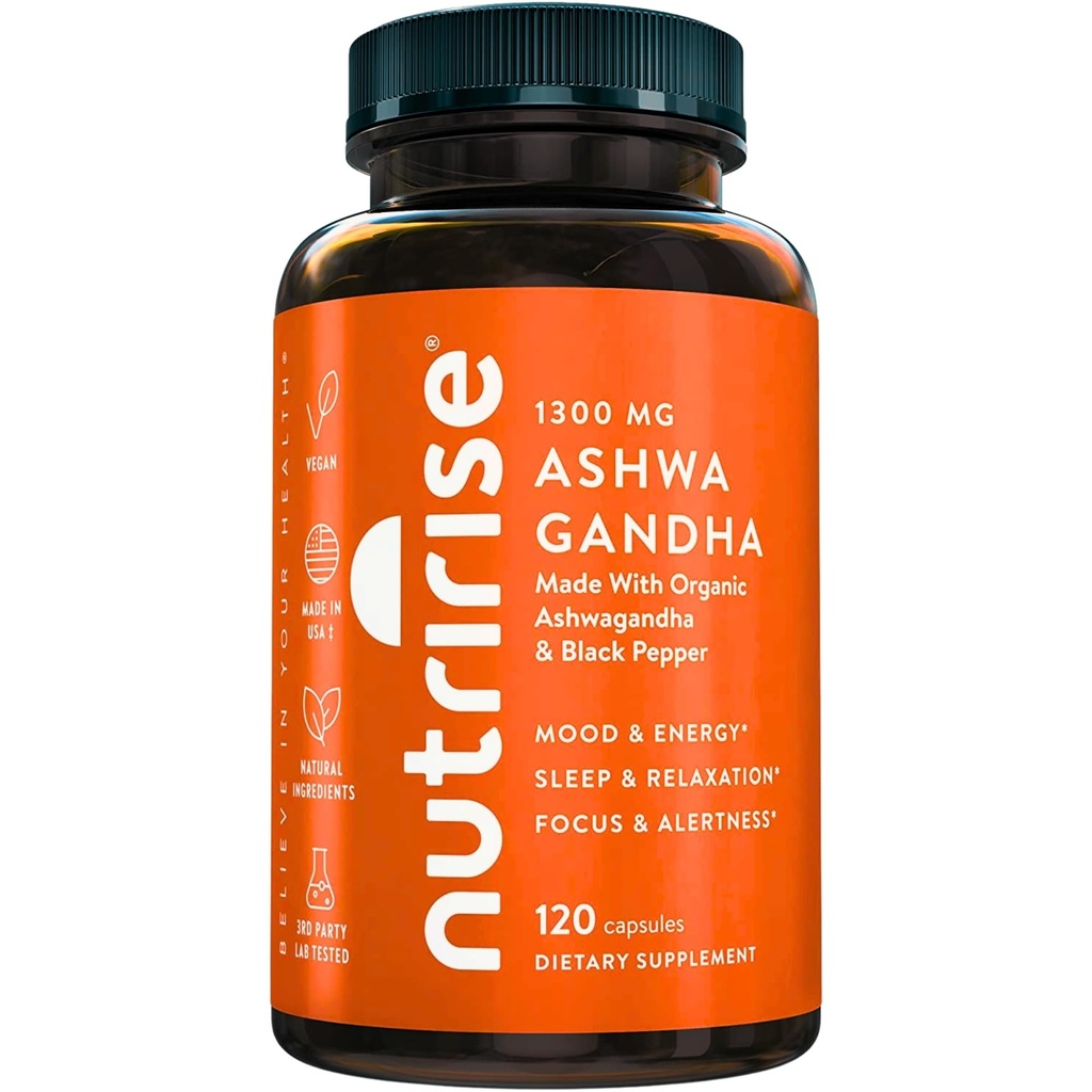 NutriRise Organic Ashwagandha Root Capsules med svart pepper, 1300mg, naturlig stress og humør, Thyroid, og immun støtte supplement, klarhet, fokus og energi, Glutenfri, 120 greve