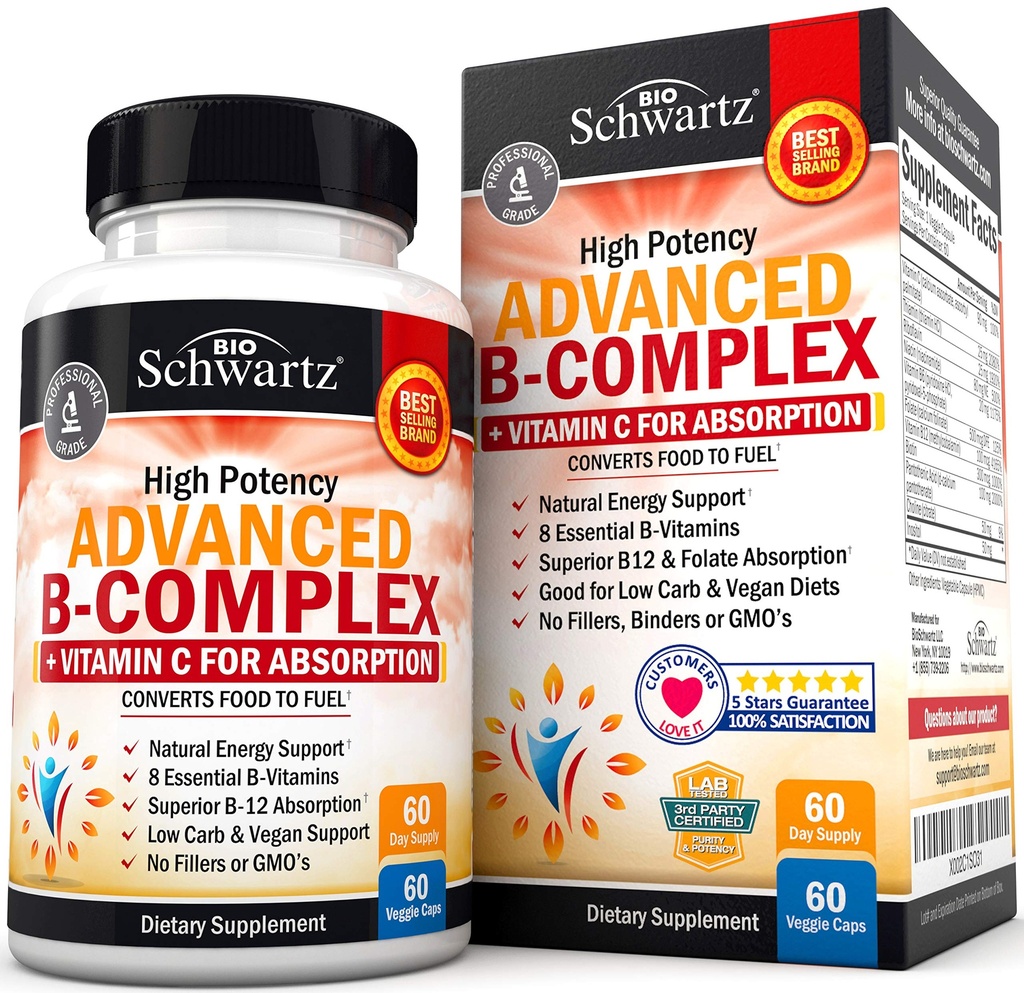 Vitamin B-kompleks med vitamin C for maksimal absorpsjon - Methylcobalamin b12 & Folat folsyre Supplement - B1 B2 B3 B5 B6 B7 B9 for immun energi og nervesystem støtte - Ikke-GMO, 60 count