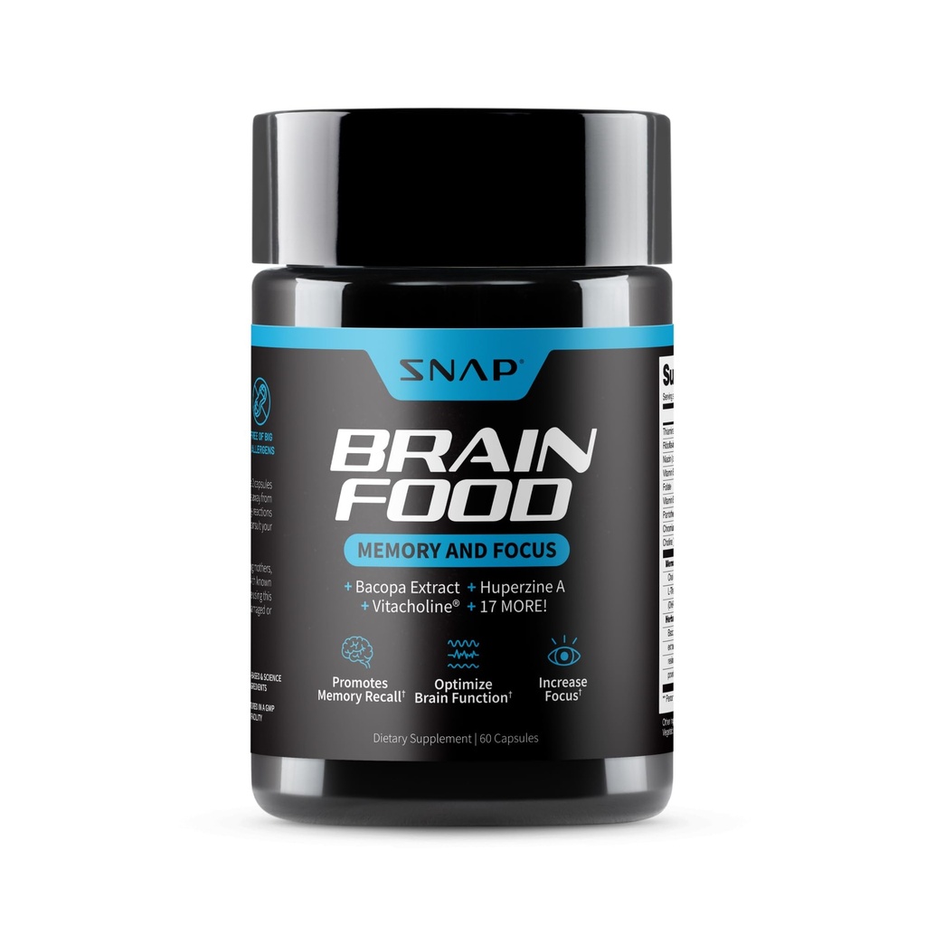 Snap Supplements Hjerne Booster Nootropics Supplement for hukommelse, fokus & klarhet, Bacopa Extract, Ginkgo Biloba, 60 Kapsler