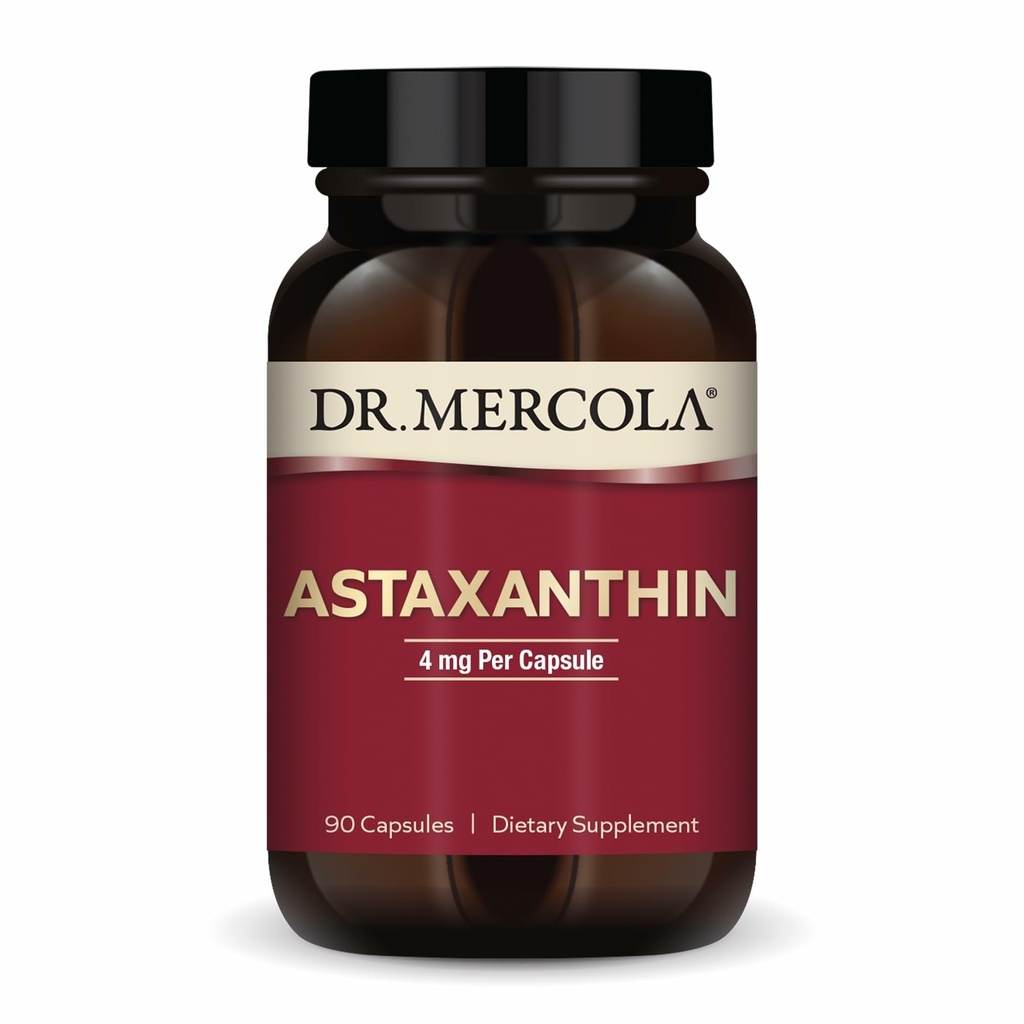 Dr. Mercola Organic Astaxanthin - 4 mg Astaxanthin - Kraftig antioksidant støtte - organisk mikroalgae ekstrakt - ikke-GMO, Glutenfri og soya-fri - 90 kapsler (90 serveringer)