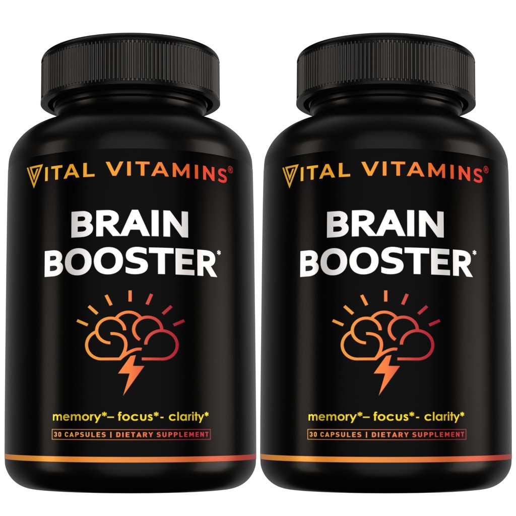 Vital vitaminer Brain Supplements for hukommelse og fokus (2-Pack)– Nootropic Brain Booster med Ginkgo Biloba, Rhodiola, B12 – Koffeinfri støtte for voksne og eldre – 60-dagers forsyning