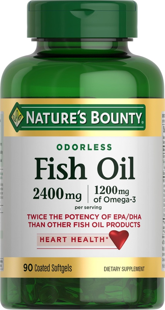 Naturens Bounty Odorless Fish Oil, 1200 mg Omega-3 per servering inkludert EPA & DHA, støtter hjertehelse, renset for å eliminere mercury, belagte Softgels, Glutenfri, Ingen Shellfish, 90 Ct