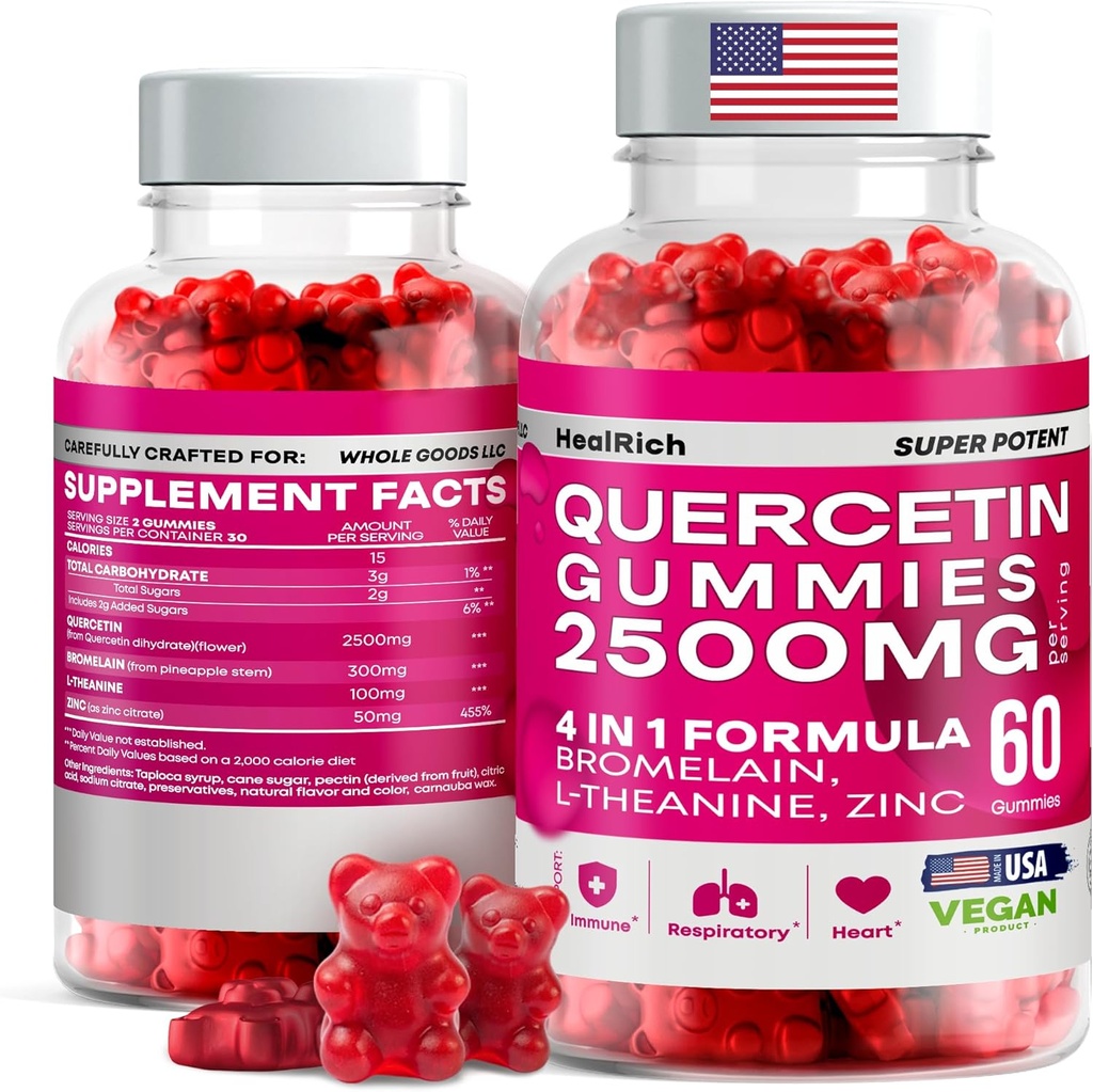 Quercetin Gummies - 2500MG med Bromelain, L-Theanine - Immunstøtte Gummier Allergi Relief & Lunge Helse for barn og voksne