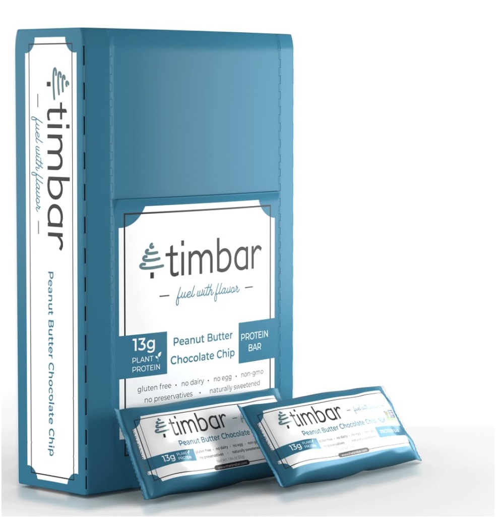 timbar Protein Bars 12 Pack | Plante Basert- Energi & Nut Bars med 13g Protein | Glutenfri, Ikke-GMO, Smørfri, Sunn on-the-Go Snack & måltid erstatning (12 Pakker, Peanut Smør)