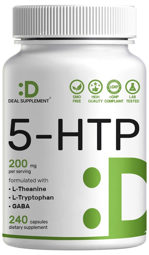Deal Supplement 5-HTP 200mg Per Serving, 240 kapsler, 98% afrikansk avledet Griffonia Seed Extract | 4 i 1 Formel | Plus aktiv L teanin, L Tryptophan, & GABA | Relaxation Support Supplement