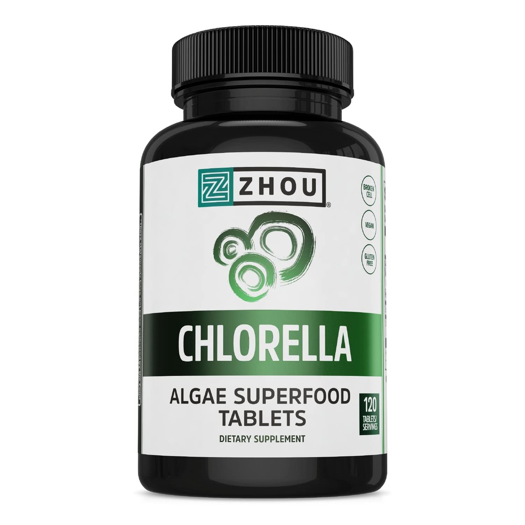 Zhou Chlorella Tabletter - Klorella Supplement, Klorophyll vitaminer, ren grønn algae Superfood, næringsrik super mat piller, knust celle vegg - 120 vegan tabletter