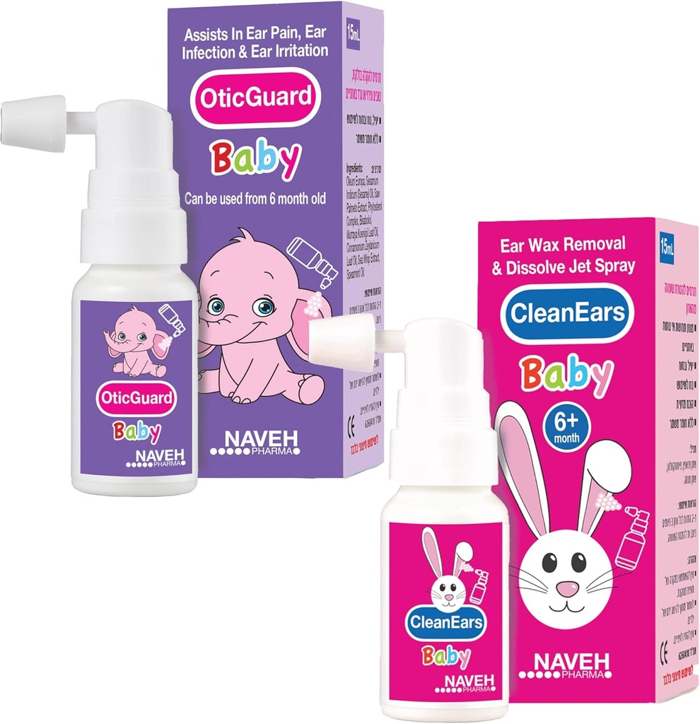 1 enhet Naveh Pharma CleanEars Baby ørevoks fjerningsspray 1 Fl Oz + 1 enhet av NAVEH PHARMA Otic Guard Baby øreinfeksjonssprøyte 0,5 Fl Oz