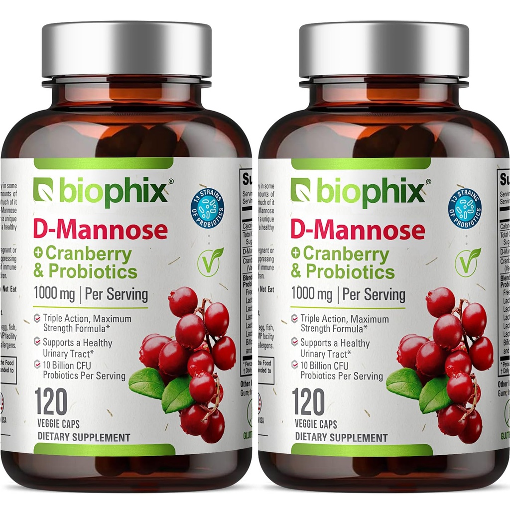 Biophix D-Mannose 1000mg Kapsler med Cranberry & Probiotika - D Mannose kosttilskudd for kvinner - D-Mannose piller for Urin Tract & Bladder Helse Support - Digestive Well-Being - 120 Vcaps 2 Pack