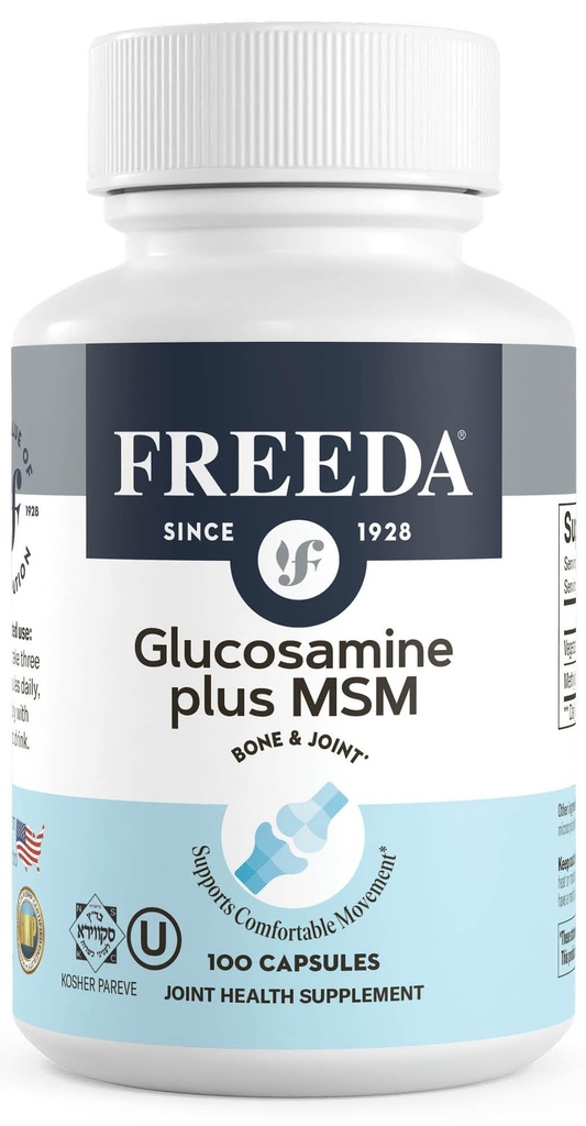 FREEDA Glukosamin MSM – Vegansk fellesfleksibilitet og mobilitetssupplement – Vegetarisk glukosamin uten skallfisk – støtter fellesfunksjon – tredjepartstestet – (100 kapsler)