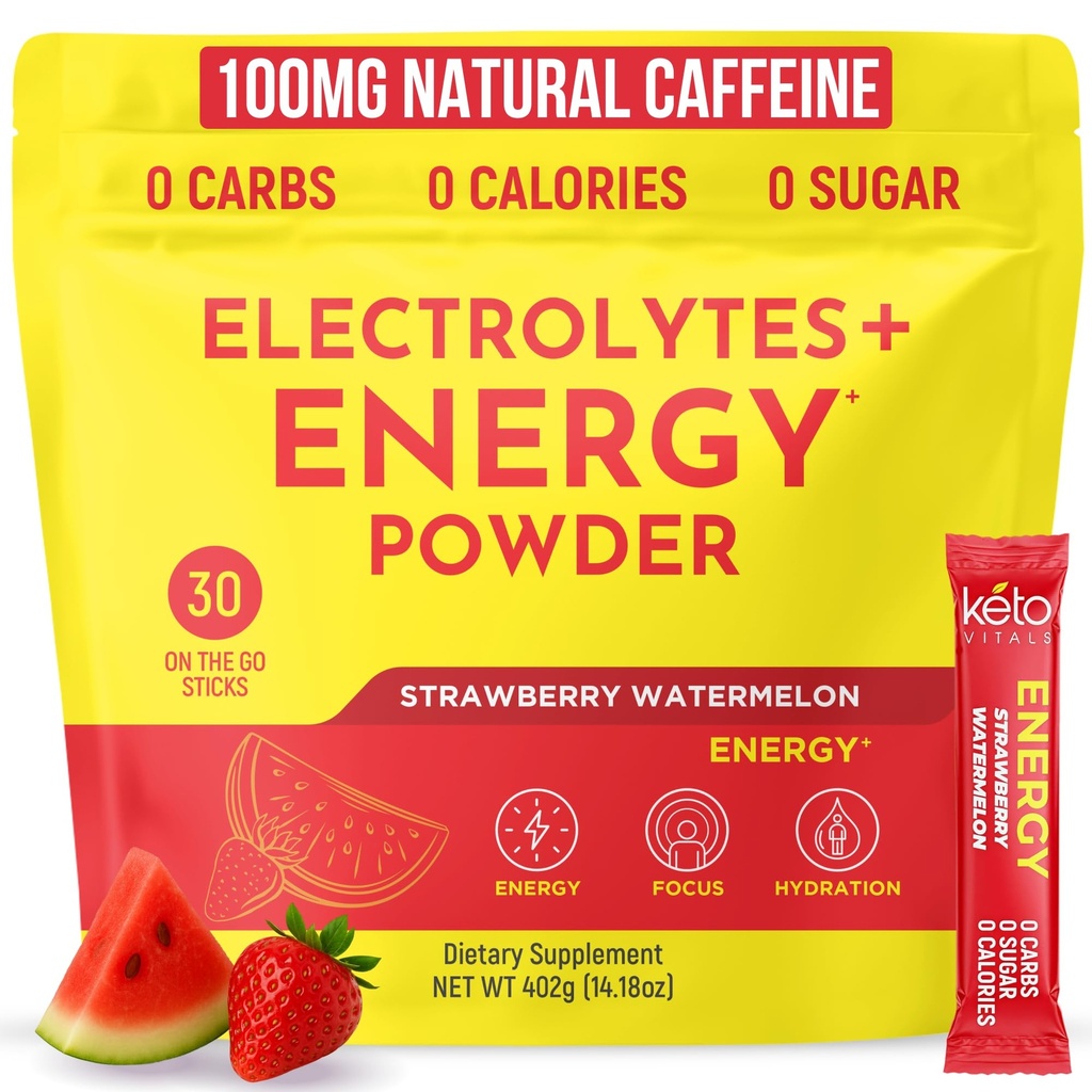 Keto Vitals Electrolyte Energi Drikk pulver pakker - Electrolyte Supplement for energi og rehydrering - Jordbær vannmelon keto pulver pakker, 30 greve