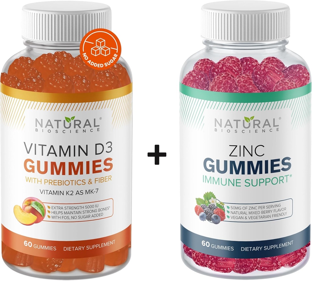Naturlig biovitamin Sugar Gratis vitamin D3 K2 Gummies 5000 IU & Zink Gummies 50 mg, Extra styrke, Immun støtte, Bone Helse, Helse helse, Hud støtte, 60 Gummy Vitaminer