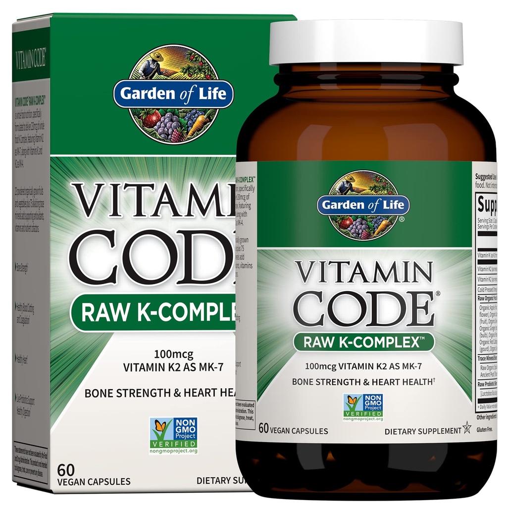 Hage av livsvitamin K2 og K1, Vitamin Kode Vegansk K-kompleks vitamin for bein styrke og hjerte helse, Omega Rich Flax Seed Oil, Trace Minerals, Probiotika, 60 dagers forsyning