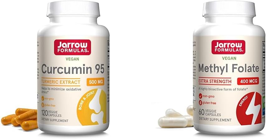 Jarrow Formler Curcumin 95 500mg og Methyl Folat 400mcg Antioksidant og kardiovaskulær helse støtte kosttilskudd Bundle, 120 og 60 Veggie kapsler