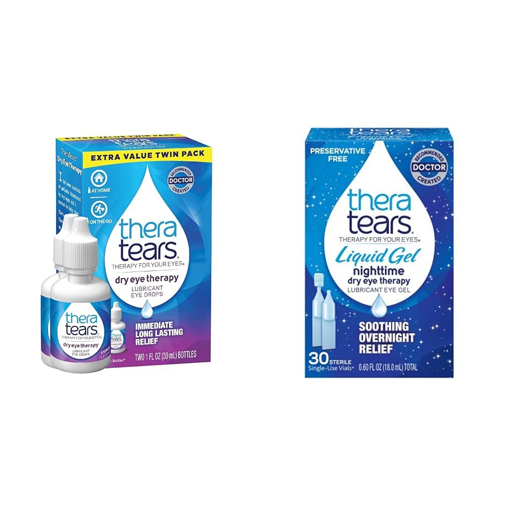 TheraTears Tørr Øyeterapi Smørende Øyedråper for tørre øyne, 1 floz flaske Twin pakke, (2 x 30 ml flasker) & flytende Gel natttid Lubrerende Øyedråper for tørre øyne, enkeltbruks vinger, 30 greve