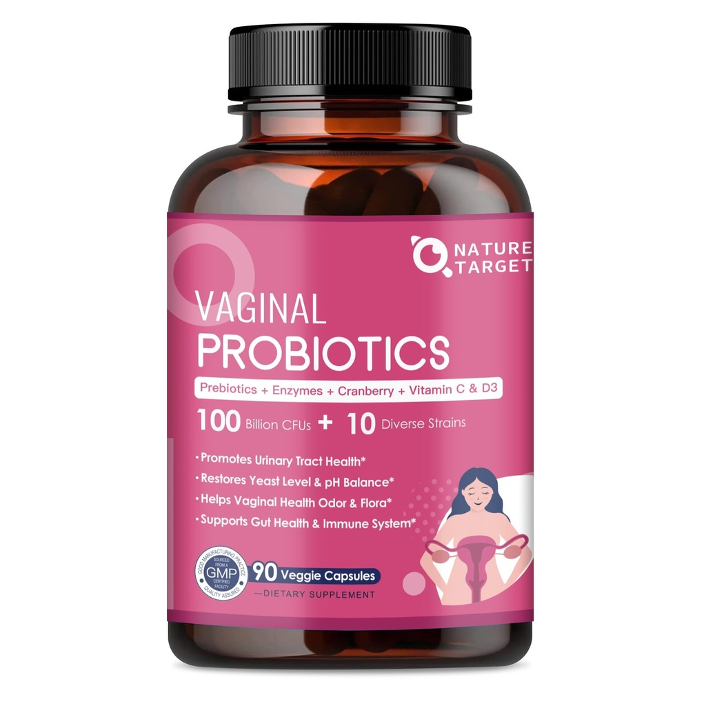 NATURE TARGET Vaginal Womens Probiotika, 100 milliarder CFU probiotika og prebiotika med digestive enzymer, Cranberry & D-Mannose - støtter pH-balanse, Odor & urinstrakt helse - 90 kapsler