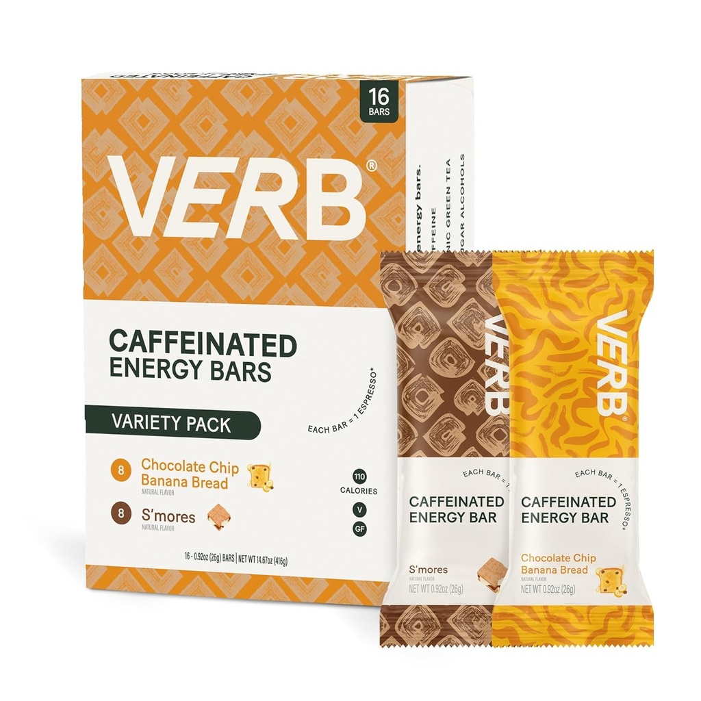Verb Koffeinert energi Barer Variety Pack - 2 Delicious Flavors (26g, Pakke med 16) 110-Kalorie Delicious Lav Sukker Energi Bar, Vegansk & Glutenfri På- Go Snack med 80mg Grønn Te Koffein