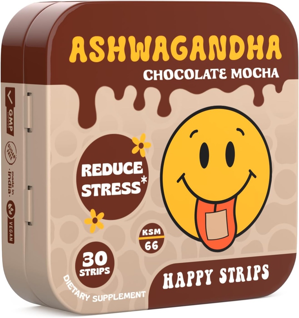 Happy Strips Organic Ashwagandha KSM 66 & GABA for Stress Relief, Rolighet, Søvn - Rask aksjon og rask dissolving, Sjokolade Mocha Flavored, Økologisk, Vegansk, Sukkerfri - 30 Teller