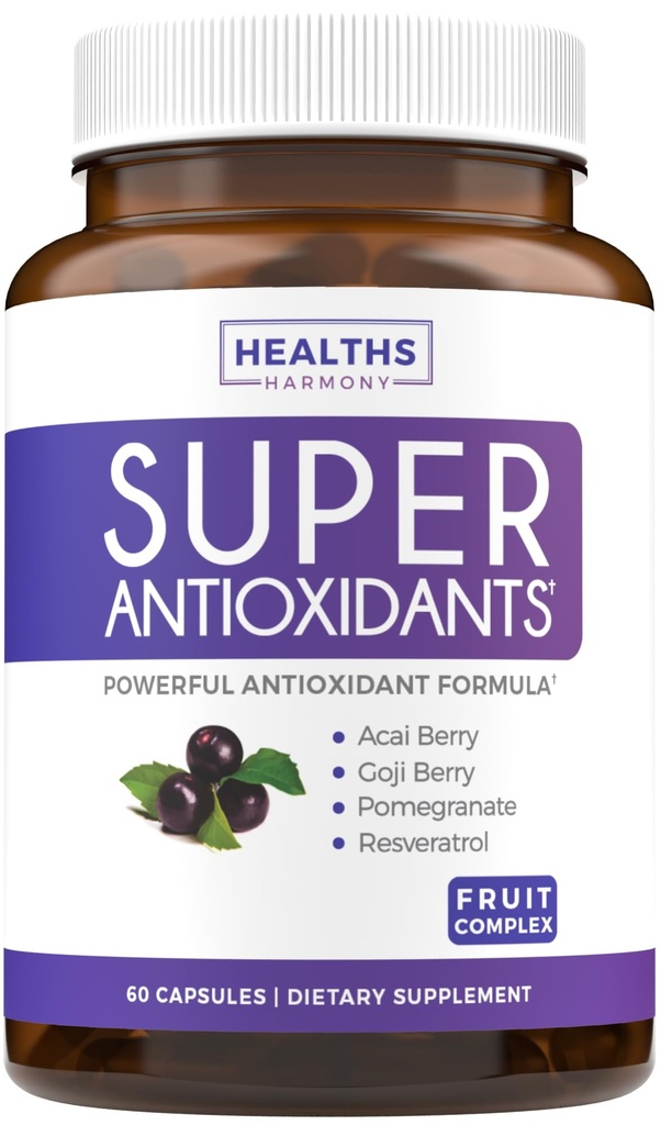 Super Antioksidanter Supplement for kvinner og menn - høy potens Herbal & Fruit Blande med Acai, Goji, Pomegranate, Elderberry & Resveratrol for hudpleie og immunstøtte - Vegan & ikke-GMO - 60 kapsler
