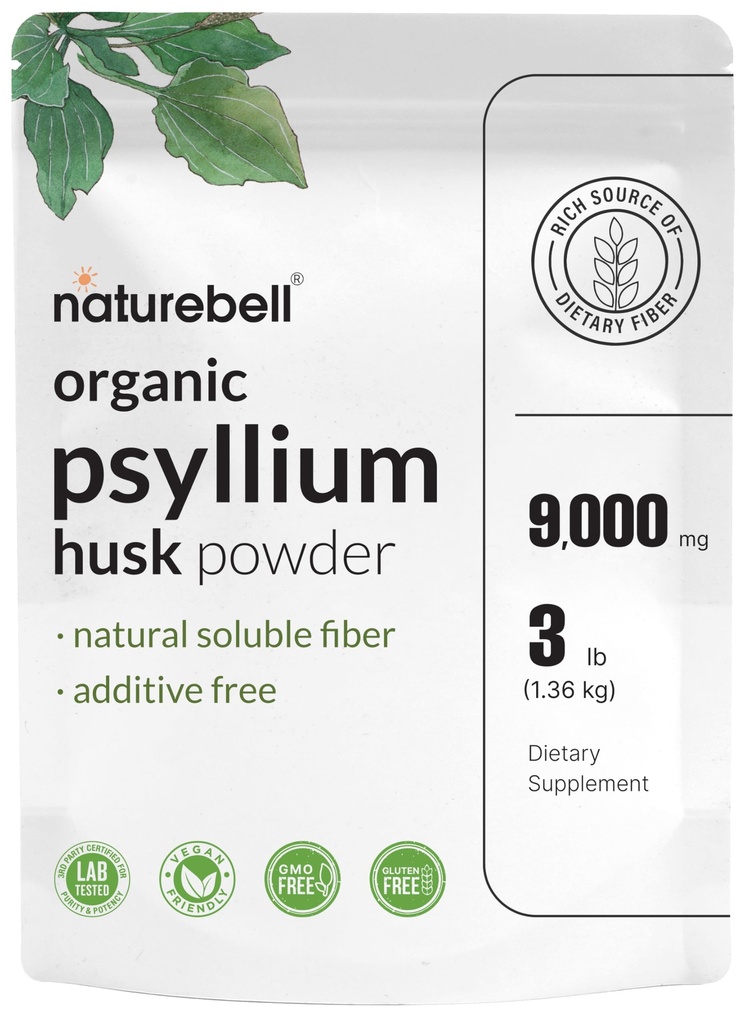 NatureBell Psyllium Husk Fiber Supplement, 9.000mg Per Serving, 3lb (48oz) pulver Organisk Oppløselig Fiber for Digestive & Gut Helse | Plantebasert, ikke-GMO, Glutenfri