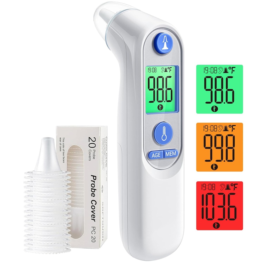 Øre termometer, digital øre termometer for barn og voksne, høy nøyaktighet baby termometer med 1s resultat, 3-farget kodet og 30 minneminner, enkel å bruke, med 21 disponerbare probe dekke
