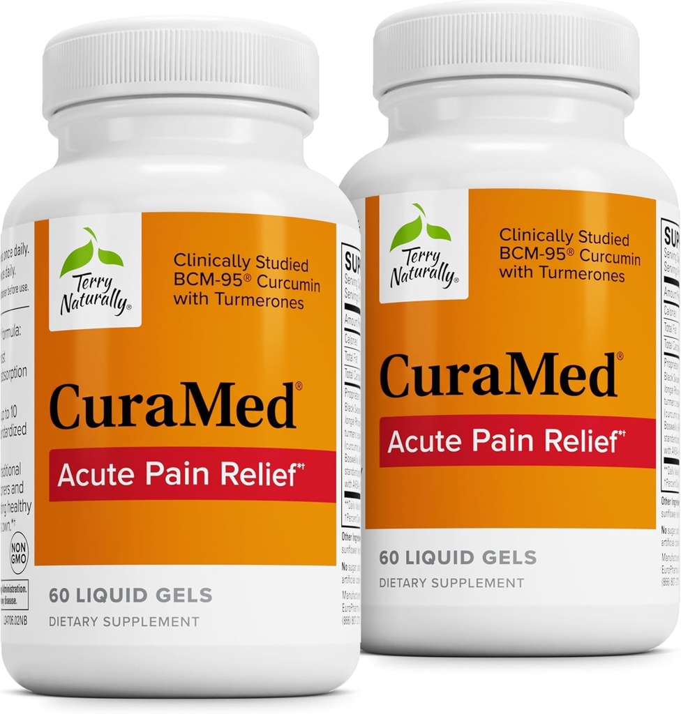 Terry Naturally CuraMed Akut smertelindring - Supplement med BCM-95 Curcumin & BOS-10 Boswellia - Svart Sesamfrøolje for å støtte Relief av anledningsforstyrrelse - 60 flytende geler (Pack of 2)