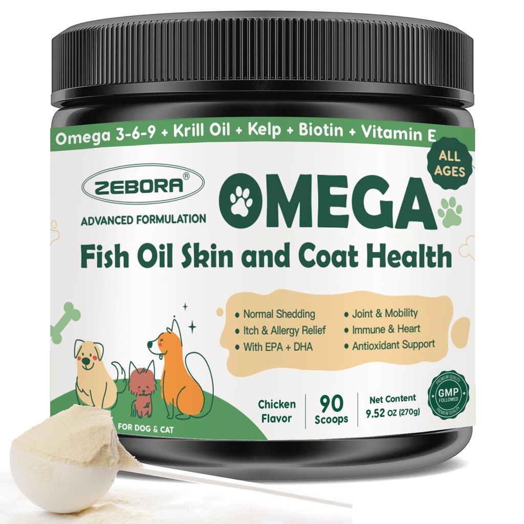 ZEBORA Omega 3 Fiskeolje for hunder, Wild Fanget Hunde Fish Oil, EPA & DHA, Krill Olje, Kelp, Hud og Coat Supplement, Anti-Tykk & Shedding, Støtte Tørr hud, Felles helse, Hunde Allergi Relief