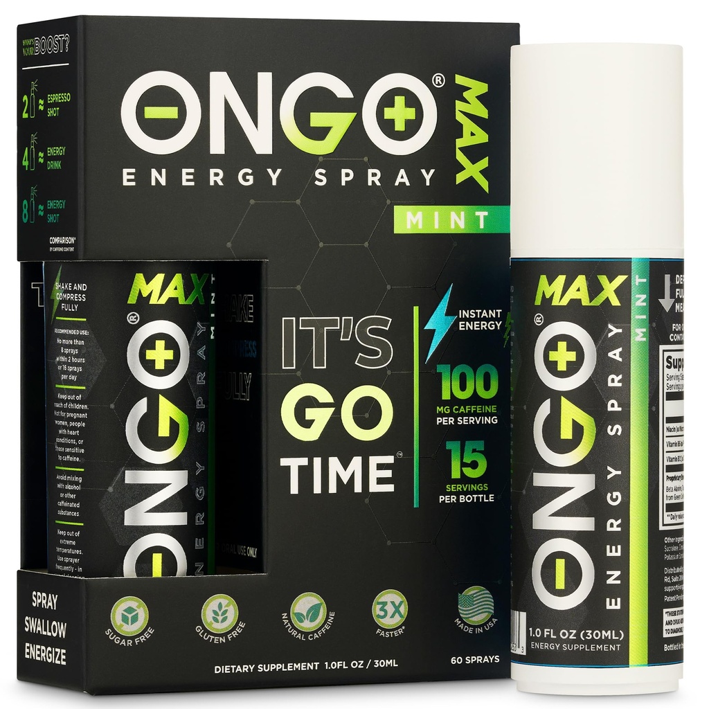 OnGo Energi - Naturlig koffein (1500mg) Instant Energy Oral Spray | Vegansk, Sukker og Glutenfri | B3, B6, B12 vitamin | Fokus og minne | Studie, arbeid og mye mer | Mint smak | 15 porsjoner