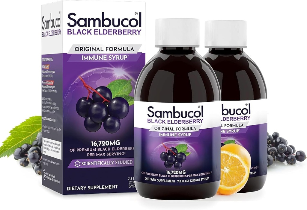 Sambucol Black Elderberry Syrup - Sambucus Syrup, Black Elderberry Liquid, Immun støtte for barn og voksne, høy antioksidanter, Glutenfri - Original Formula, 7,8 Fl Oz, 2-Pack
