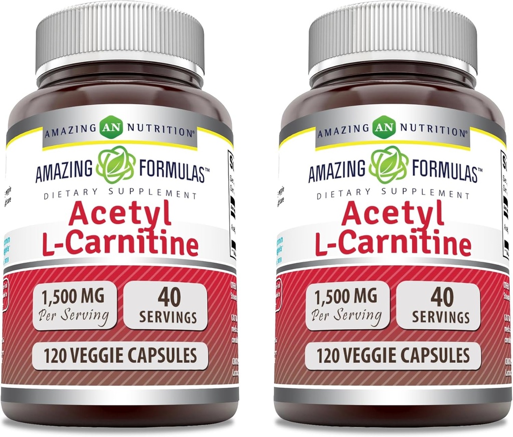 Amazing Formler Acetyl L-Carnitine 1500 Mg Per Serving Veggie Capsules Supplement | Ikke-GMO | Glutenfri | laget i USA | Egnet for vegetarianere (120 Count) | Pakke med 2