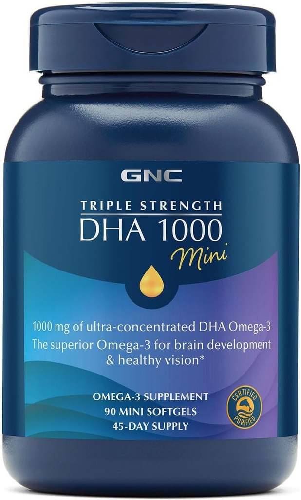 GNC trippel styrke DHA 1000 Mini Omega 3 Supplement, 1000 mg, Ultra konsentrert, høy styrke, støtter hjerneutvikling og sunn visjon, Burpless, 90 Mini Softgels, 45 SVG, 45 dagers forsyning