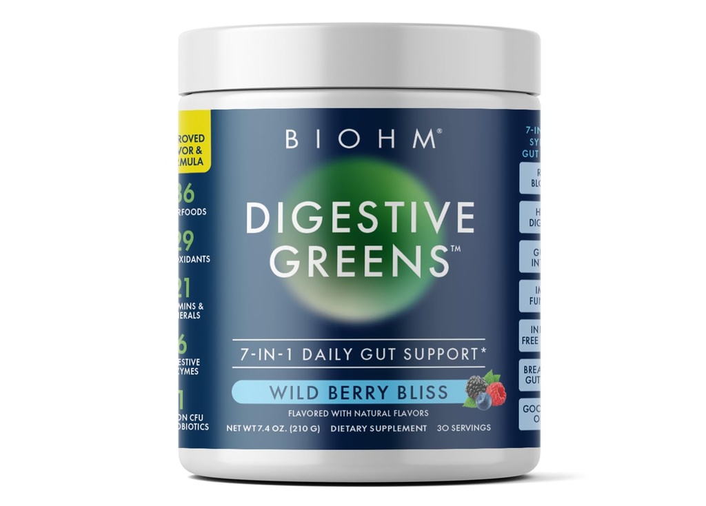 BIOHM Digestive Greens, Grønn Superfood pulver (7,4 Oz, 30 Services) Immun & Gut Helse støtte med antioksidanter, vitaminer, probiotika og enzymer, god kilde til fiber, Berry Flavor