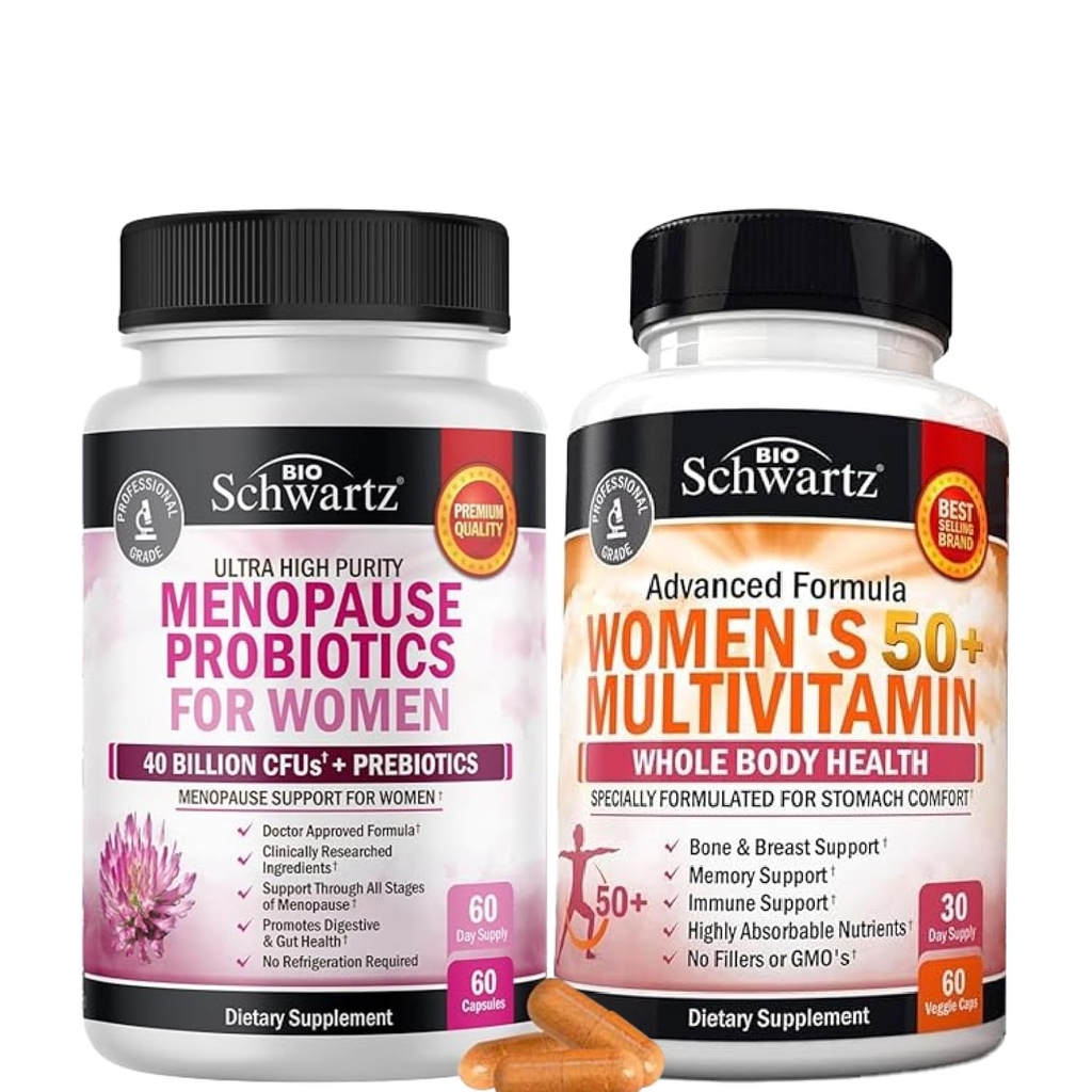 BioSchwartz Probiotic Menopause Supplement for kvinner (2 måneders forsyning) Plus daglig multivitamin for kvinner 50 & over (1 måneds forsyning)