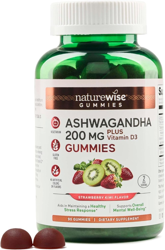 NatureWise Ashwagandha Gummies - Strawberry Kiwi - KSM-66 med vitamin D3 - Calming Mood Support - Vegetarisk - Ikke-GMO, Gelatin og Glutenfri - 90 greve[45-dagers forsyning]