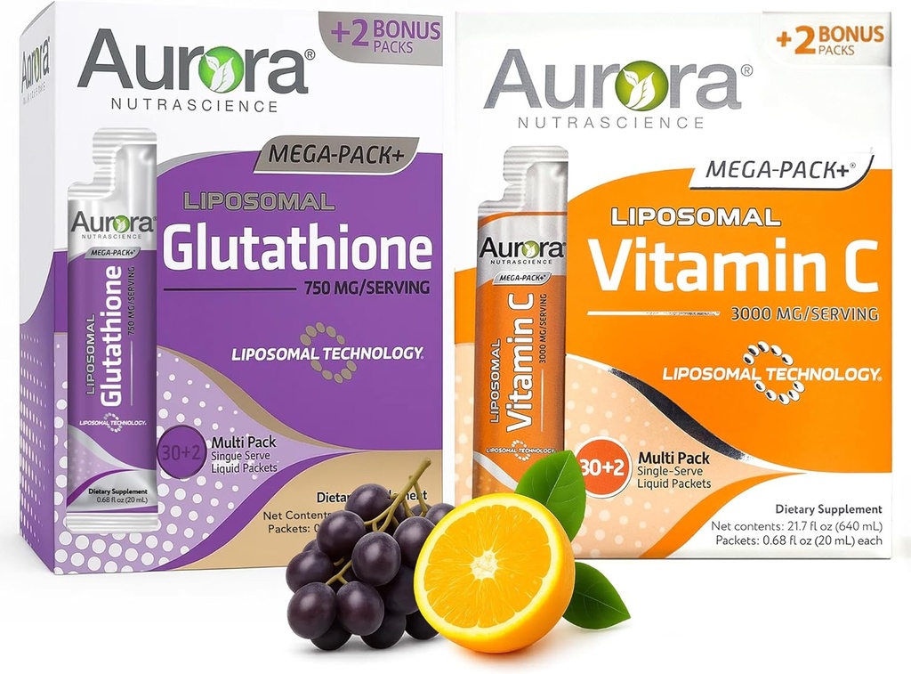 Vida Livsvitenskap Aurora Nutrascience Mega Vitamin C & Glutathione Bundle, 64 Pakninger Immun & Antioksidant Støtte