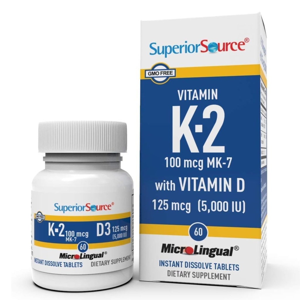Superior kilde K2 (MK-7) 100 mcg, med D3 (5 000 IU) Supplement, hurtig oppløse mikroLingual tabletter, 60 teller, styrke bein, kardiovaskulære og immunsystem støtte, ikke-GMO