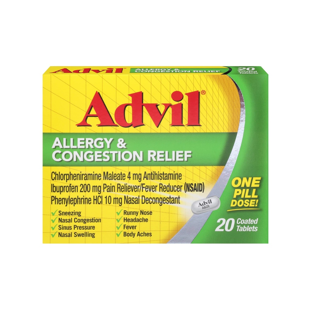 Advil Allergi og Congestion Relief Tabletter, smertefriere, Feber Reduser og Allergi Relief med Ibuprofen, Phenylephrin HCl og klorfeniramin Maleat 4 mg - 20 belagte tabletter