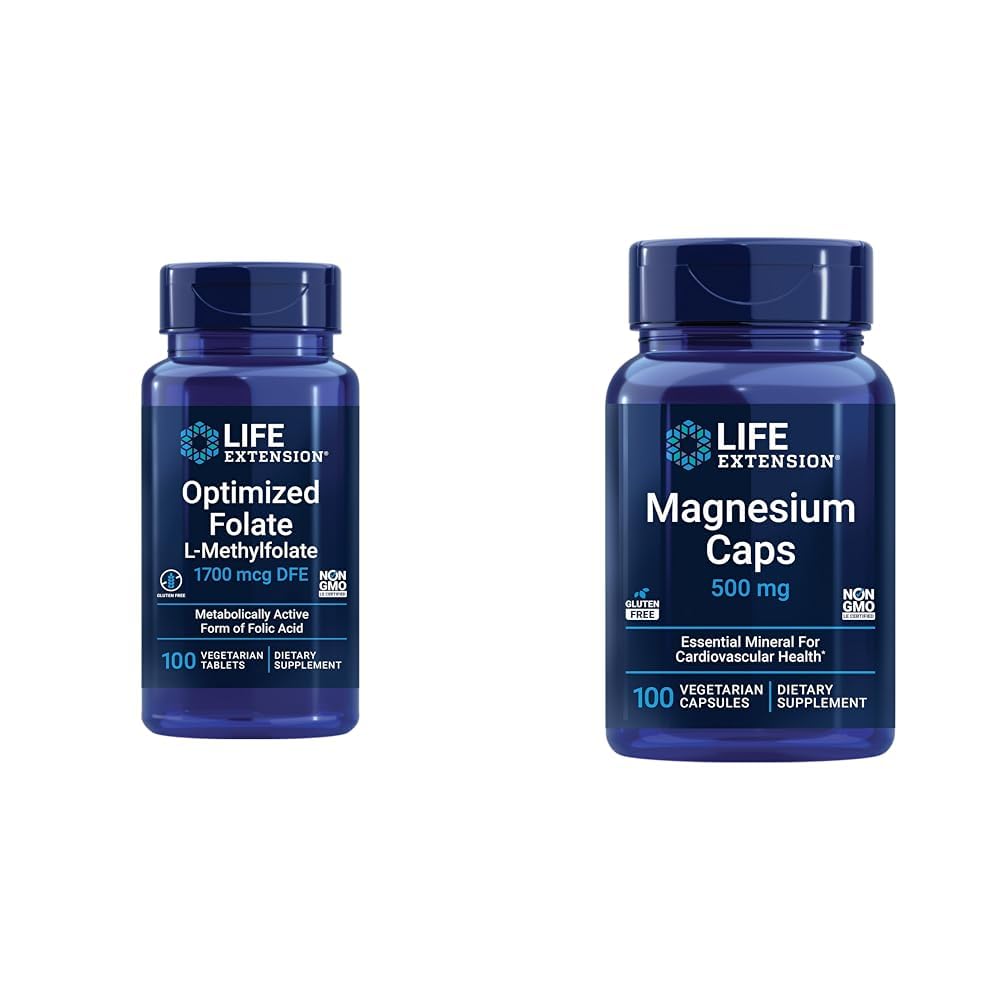 Liv forlengelse hjerne og hjerte helse folat og magnesium Supplement Bundle, 100 tabletter og 100 kapsler