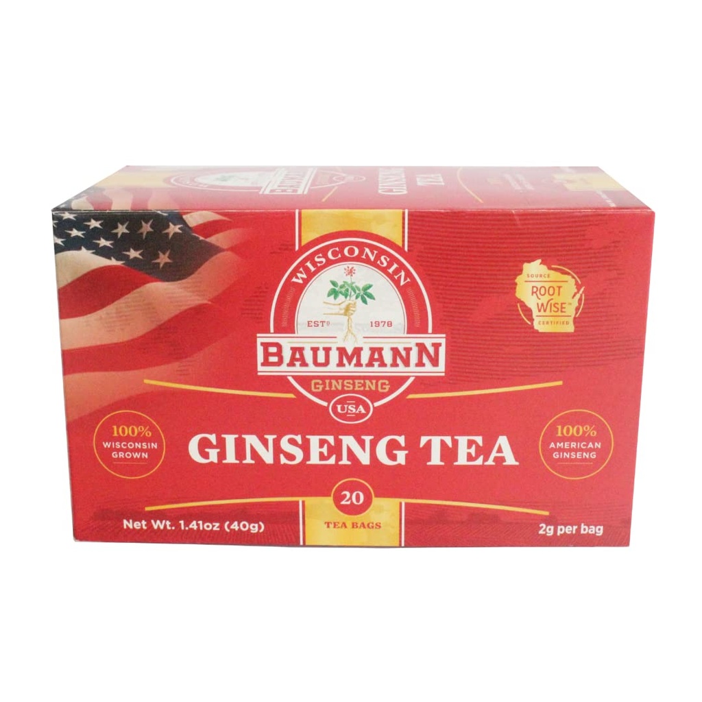 Baumann Premium Amerikansk Ginseng Teposer (20 Teposer) - Autentiske Panax Wisconsin Grown Panax Ginseng Herbal Te - Sunn Grønn Te med antioksidant Ginsenosides for forbedret fokus og energi