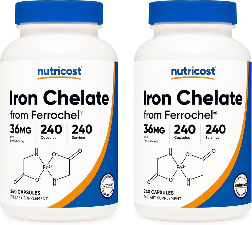 Nutricost Chelated jern, som Ferrochel, 36 mg, 240 kapsler (2 flasker)