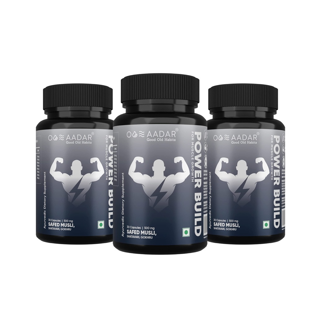 AADAR Power Build ® Ayurvedic Real Muscle Mass Gainer ® Forbedrer ytelse og forbedrer metabolisme ® (Safed Musli, Gokhru, Shatavari) 30 kapsler (Pack 3)
