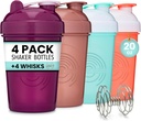 GOMOYO 4-pakke - 20 Ounce Shaker Flaske, Protein Shaker Wire Whisk x4, Bulk Protein Drink og Pre-Workout Shaker Cups, Oppvaskmaskin trygt og BPA Gratis